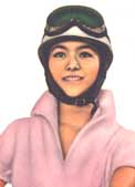 Thumbnail of Girl in Pink with Motorcycle Helmet from vintage Japanese Lilac Motorcycle Brochure from Marusho Company - click to see complete brochure